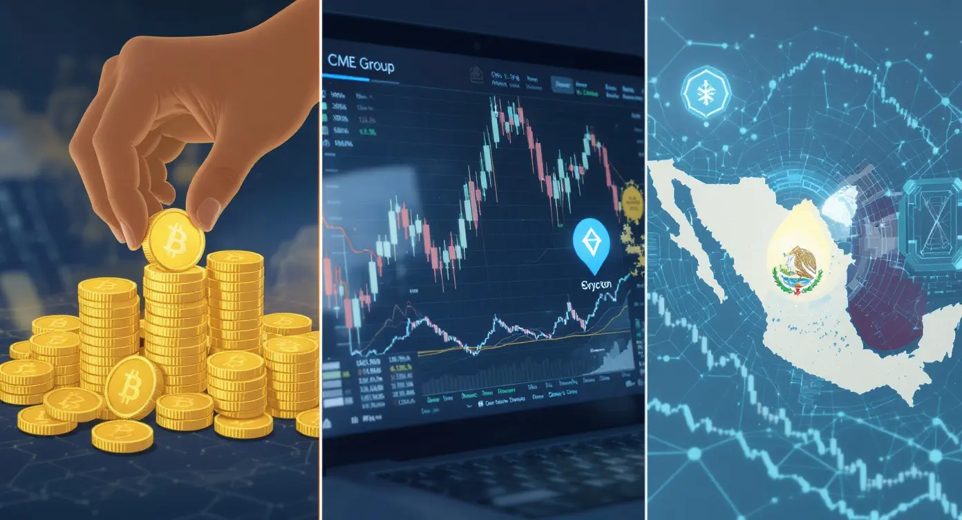 Editorial illustration for Sovereign Fund Boosts Bitcoin, CME Expands Futures, Bitget Enters Mexico