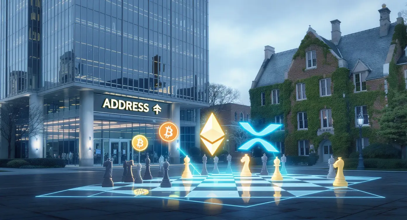 Editorial illustration for Harvard Exits Crypto ETFs While Italy’s Largest Bank Diversifies into XRP and Ethereum