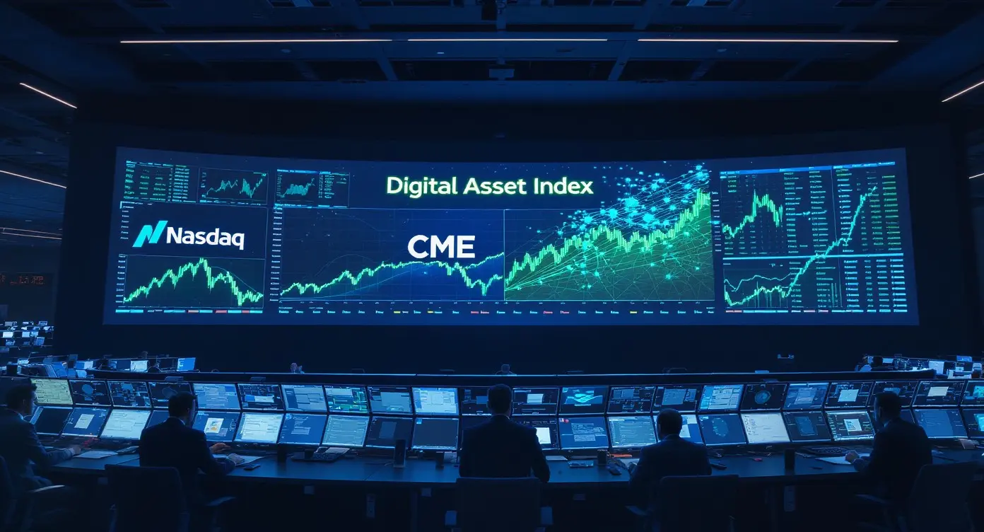 Editorial illustration for CME and Nasdaq to Launch Crypto Index Futures as Institutional Buying Diversifies