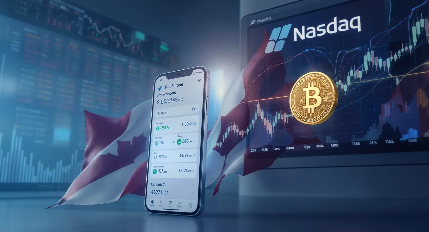 Editorial illustration for Robinhood Expands to Canada, Nasdaq Gets Bitcoin Options Approval