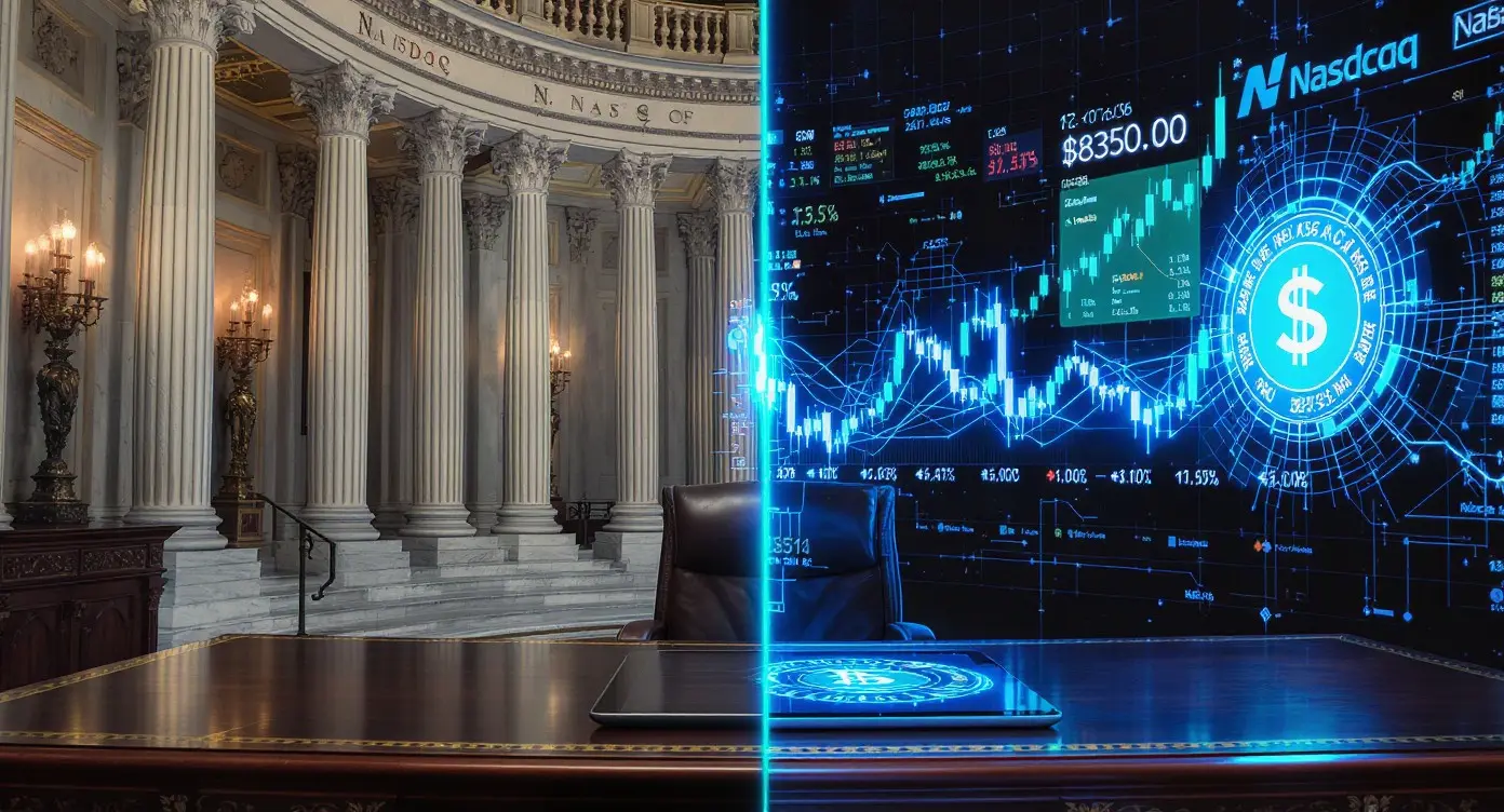 Editorial illustration for US Regulators Advance Stablecoin Laws and Bitcoin Index Options for Nasdaq