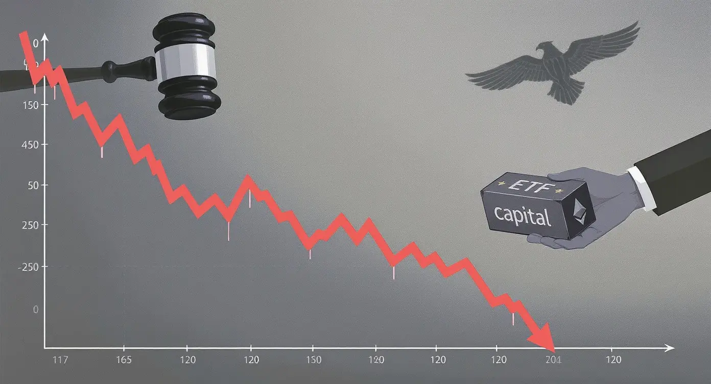 Editorial illustration for Bitcoin and Ethereum Sink as ETF Outflows Deepen, US Regulatory Clarity Stalls