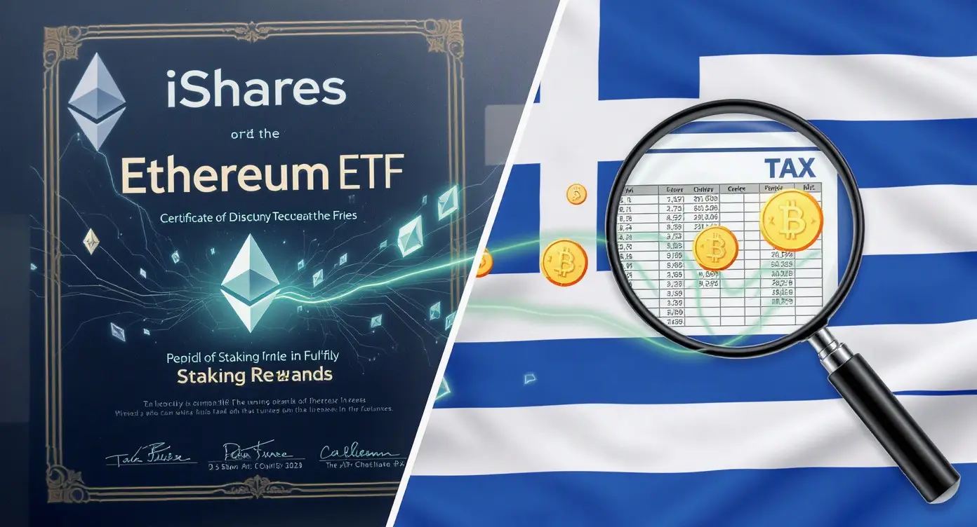 Editorial illustration for iShares Ethereum ETF Pays First Staking Rewards; Greece Taxes Crypto Gains