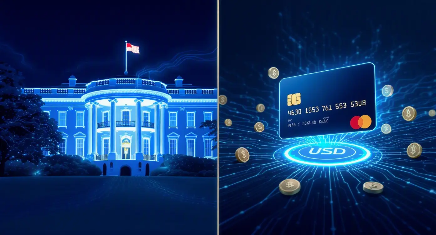 Editorial illustration for White House Convenes CLARITY Act Talks as Mastercard Expands Stablecoin Settlement