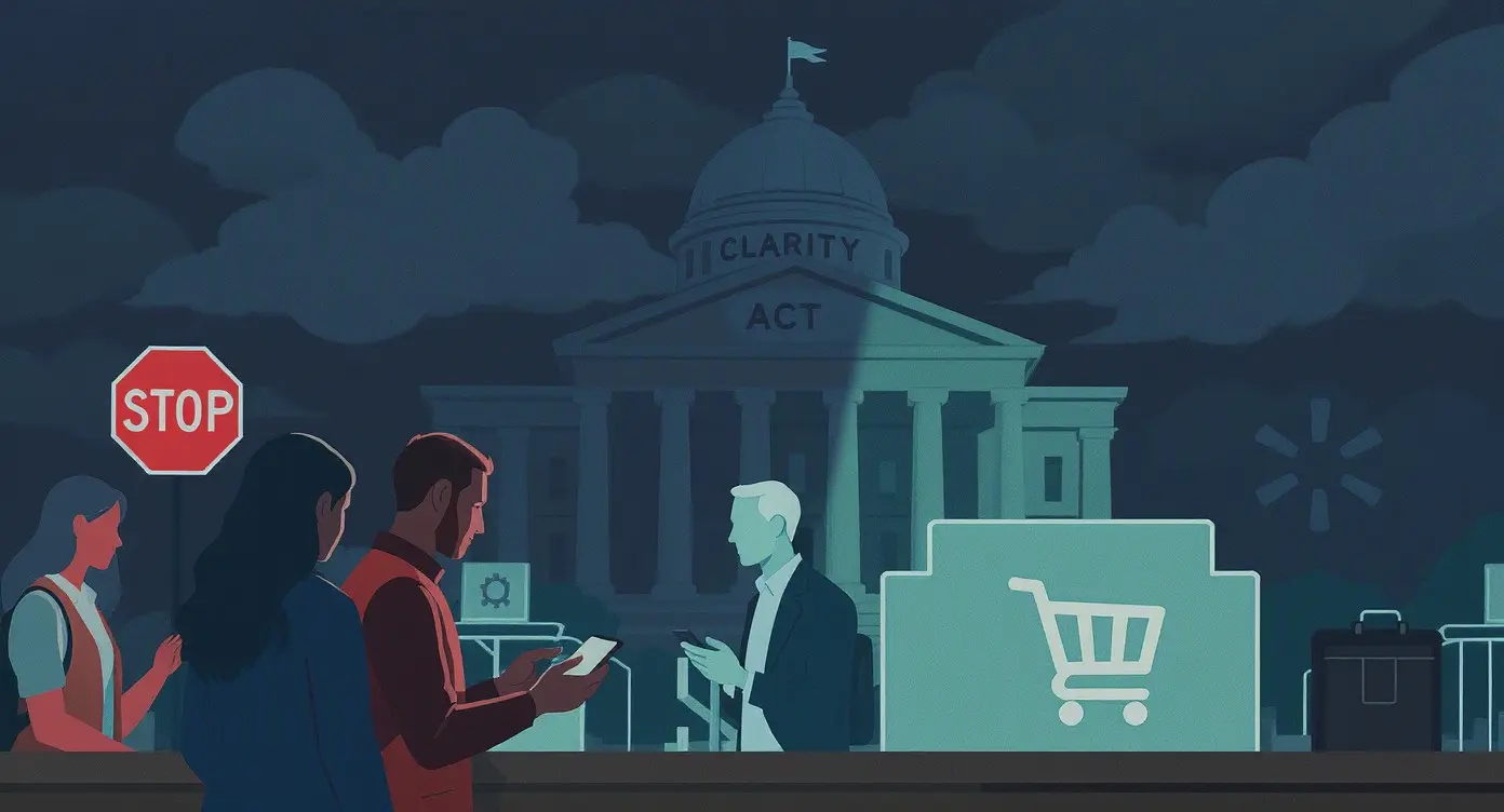 Editorial illustration for US Stablecoin Bill Faces Hurdles as Walmart Adopts Crypto Payments