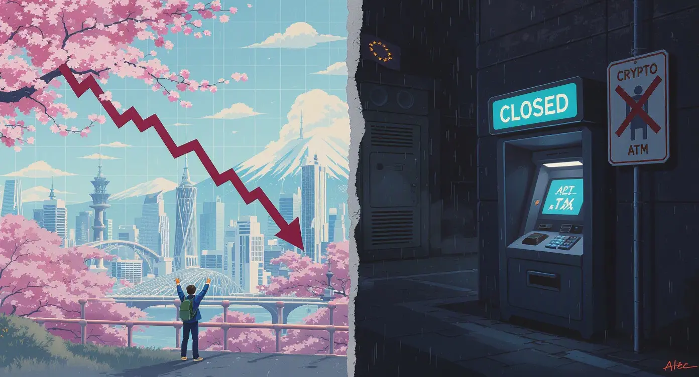 Editorial illustration for Japan Advances Crypto Tax Cut, US States Ban ATMs, EU Bank Enters Custody