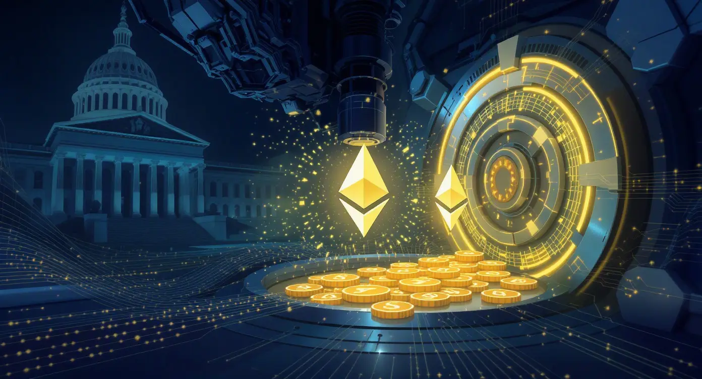 Editorial illustration for Morgan Stanley Files Staking ETFs as US Stablecoin Regulation Hits Senate