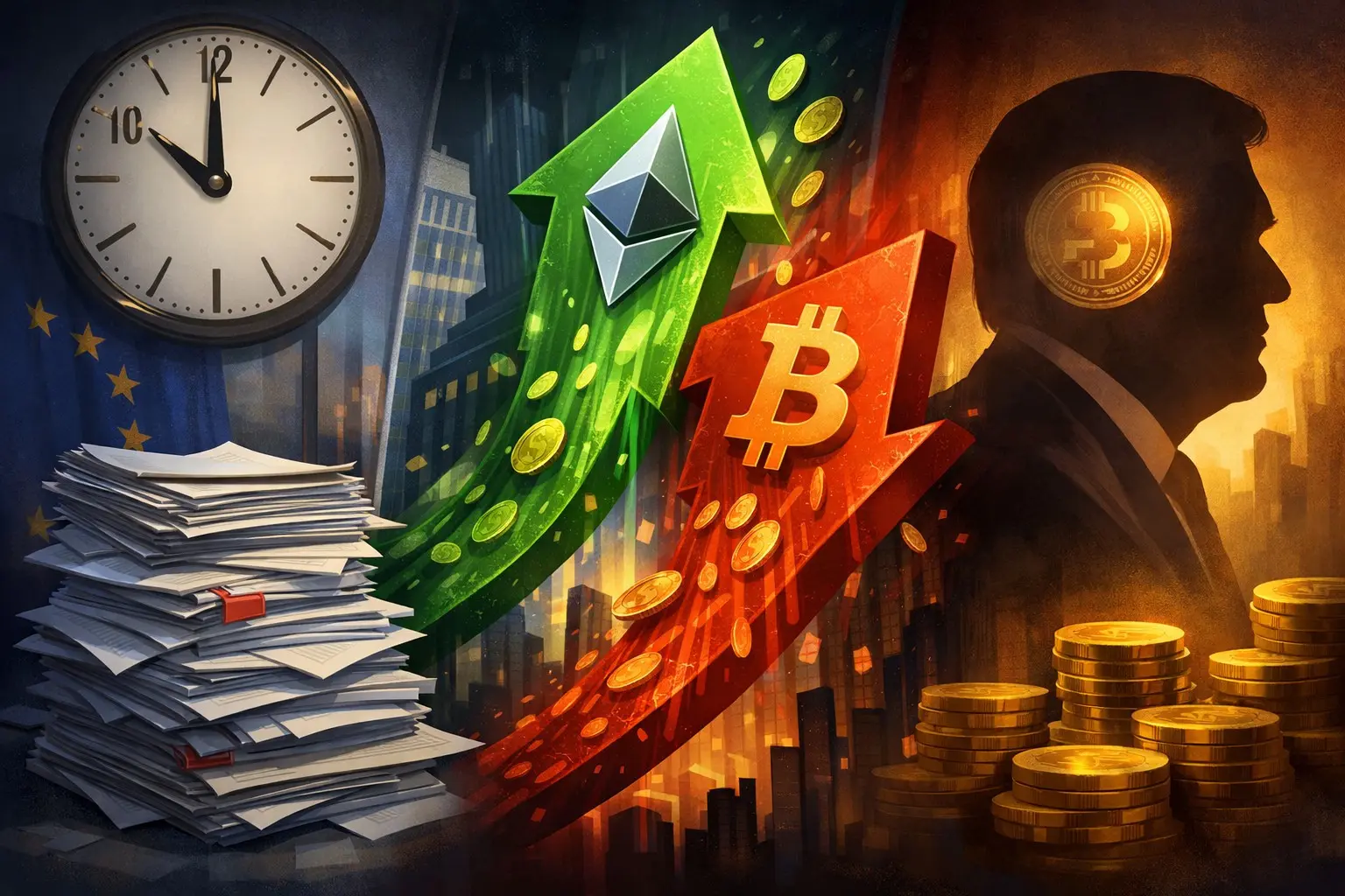 Editorial illustration for EU Firms Struggle with MiCA, Ether ETFs See Inflows, Trump Sparks US Debate