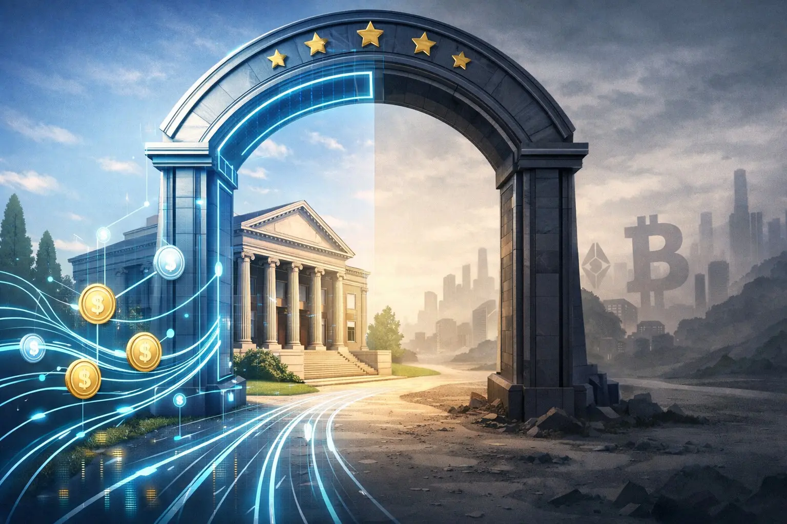 Editorial illustration for EU MiCA Rules Fully Active, Major Banks Secure Licenses
