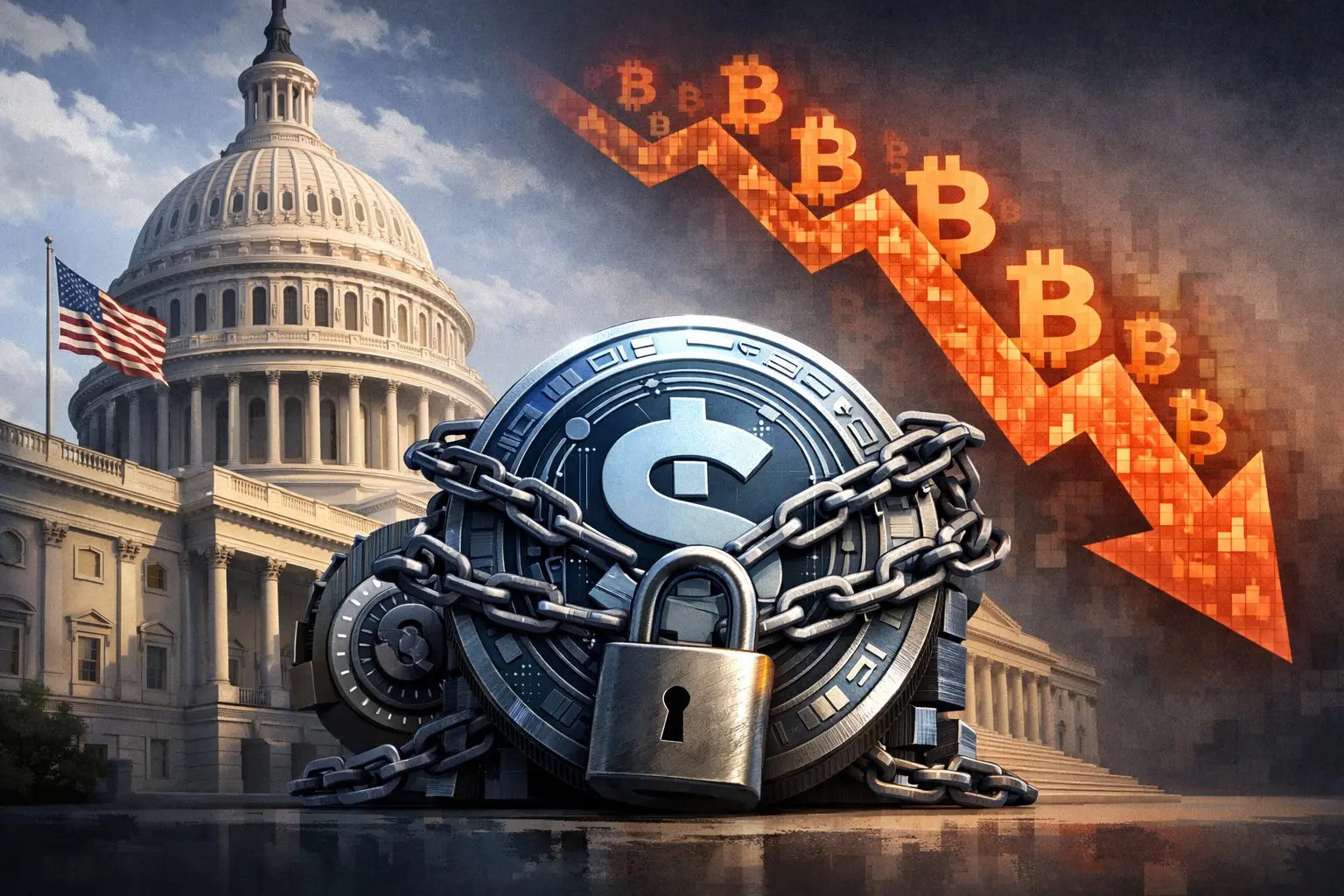 Editorial illustration for US Stablecoin Bill Advances, Tether Freezes Funds, Bitcoin ETFs Face Pressure