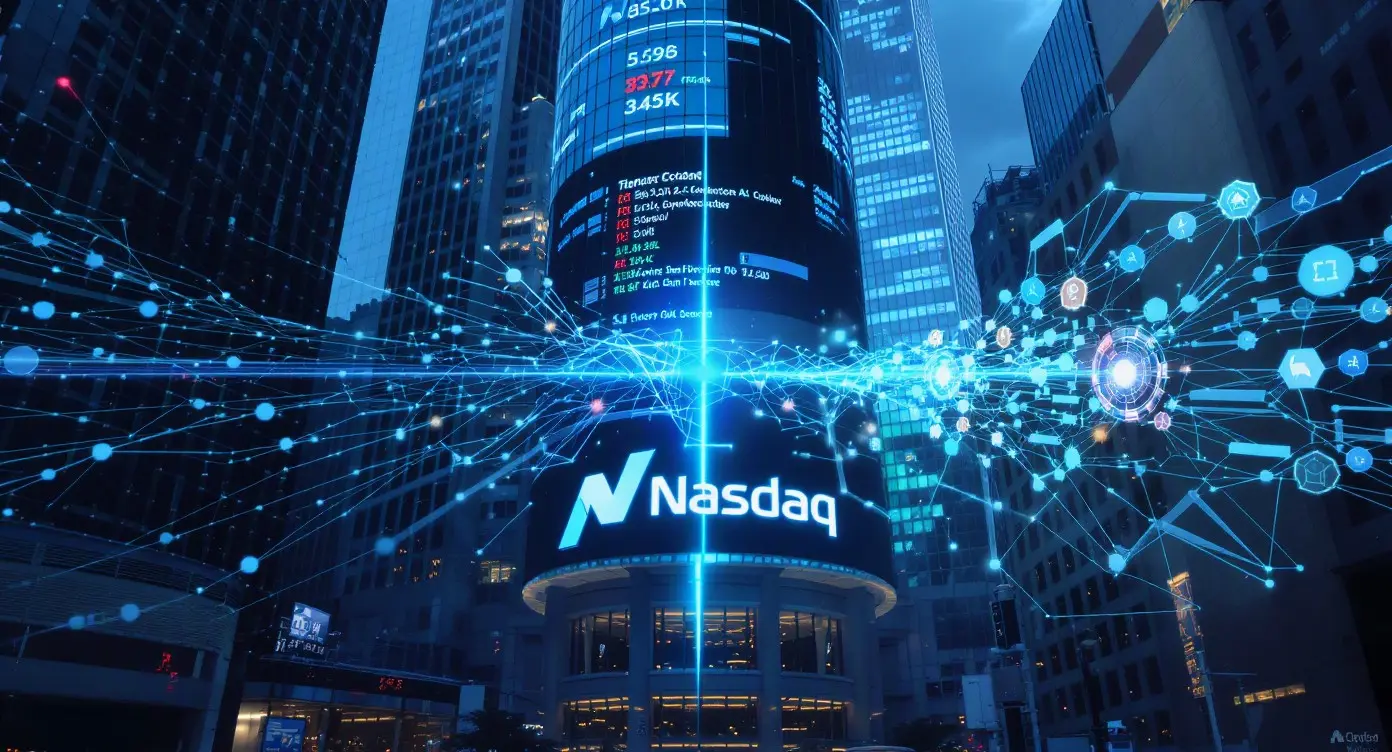Editorial illustration for Nasdaq Pilots Tokenized Stock Trading as Trump Crypto Holdings Raise Alarm