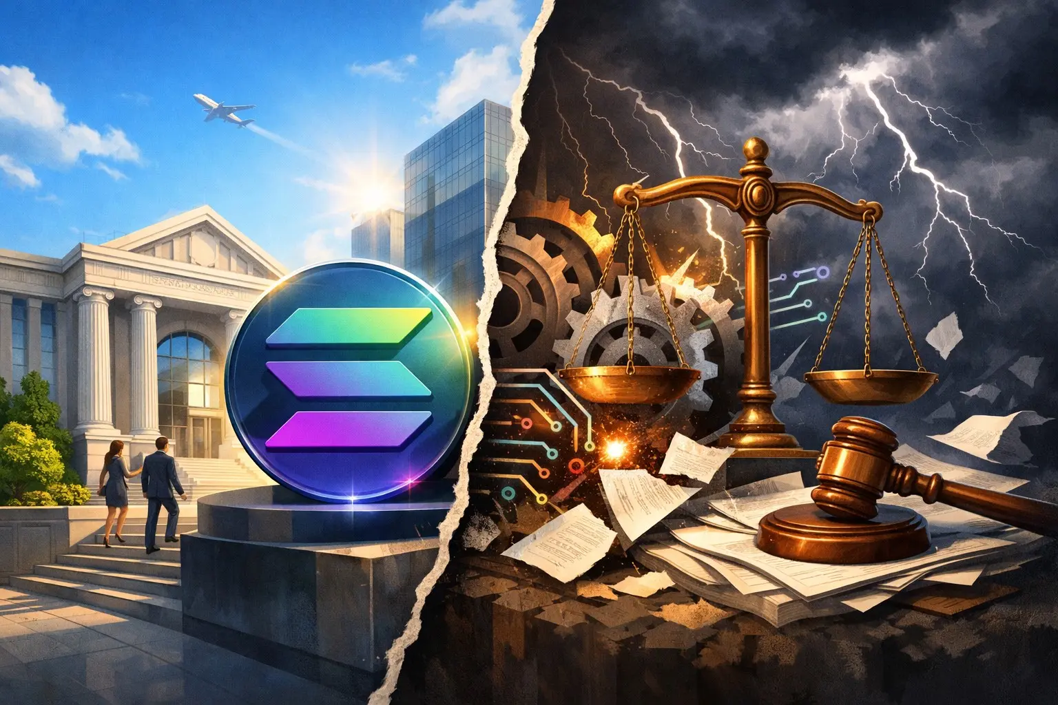 Editorial illustration for Solana ETF Bid Emerges Amid US Derivatives Legal Clash