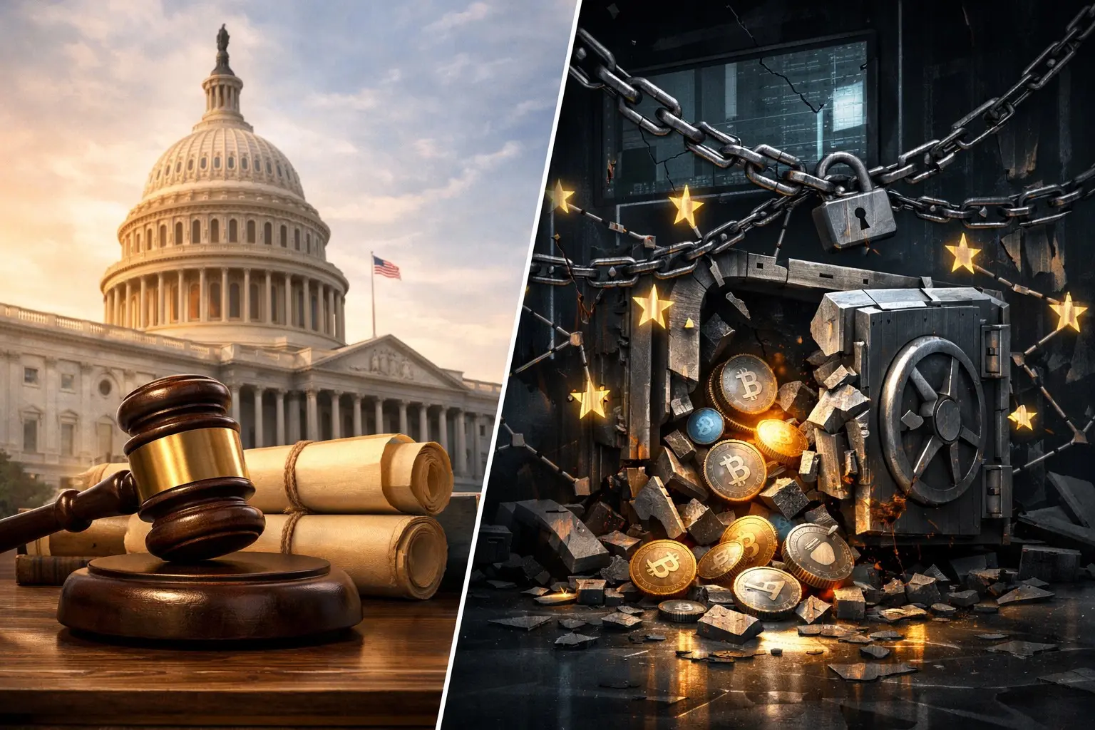 Editorial illustration for US Nears Crypto Clarity Act, EU Expands MiCA Scope, Exchange Fails