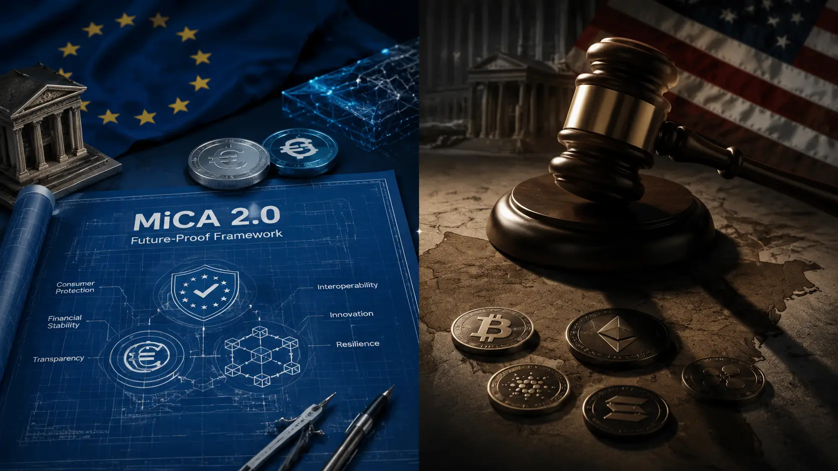 Editorial illustration for EU Prepares MiCA 2.0, US Court Influences Crypto Regulation