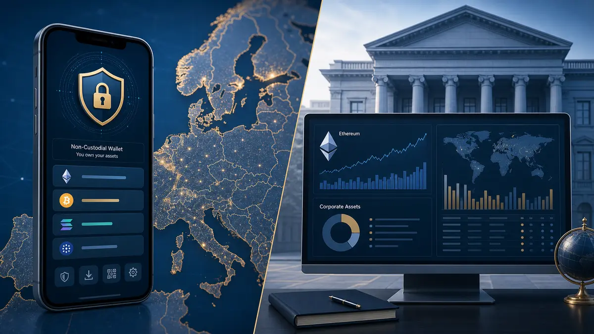 Editorial illustration for European Traders Flee to Self-Custody as Wells Fargo Rotates Into Ethereum