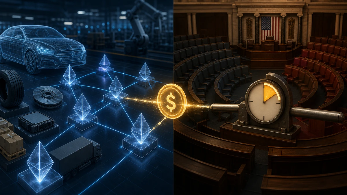 Editorial illustration for CLARITY Act Stalls as Hyundai Tests Seven-Minute Stablecoin Settlement
