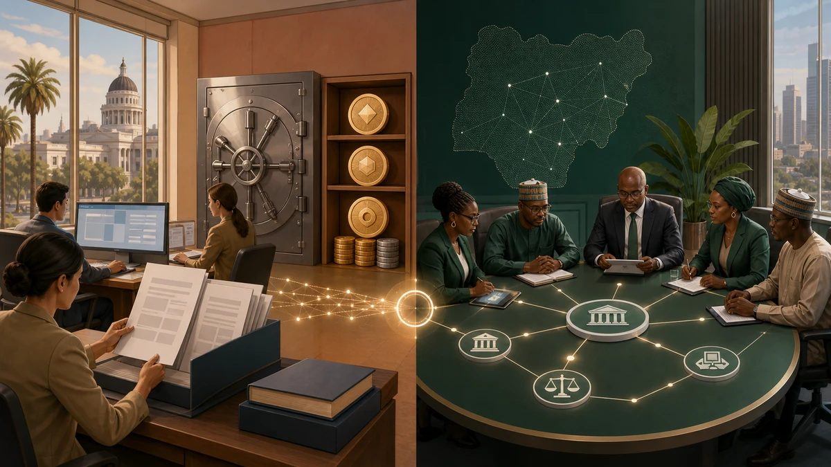 Editorial illustration for Nigeria and California Turn Crypto Rules Into Operating Reality