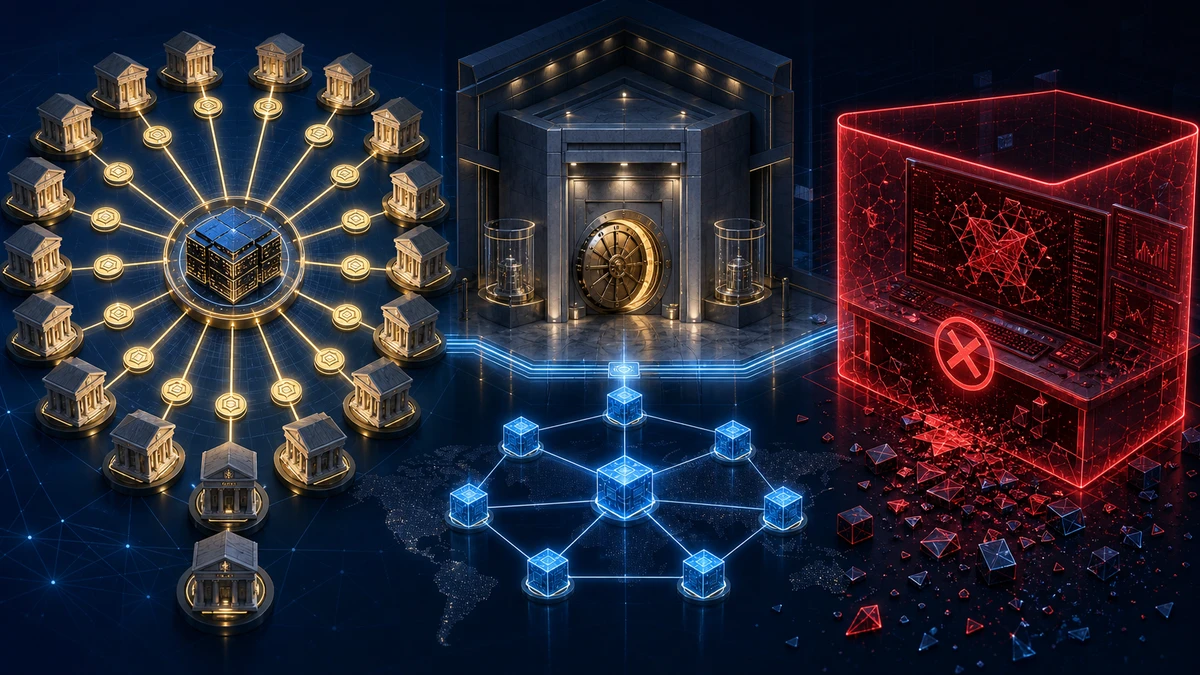 Editorial illustration for SWIFT and Franklin Templeton Expand Onchain Finance as Ostium Loses $18M