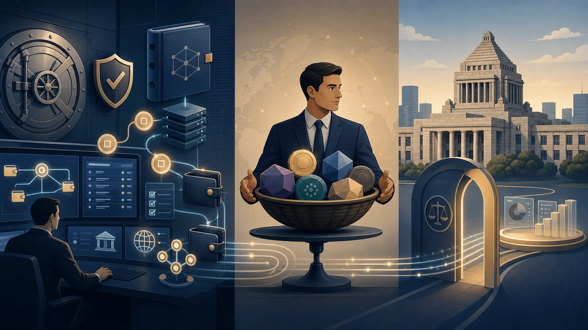 Editorial illustration for Visa and T. Rowe Expand Crypto Access as Japan Rewrites Rules