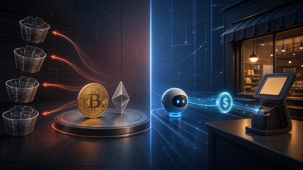 Editorial illustration for Crypto ETF Flows Reverse as Coinbase Pushes USDC Agent Payments