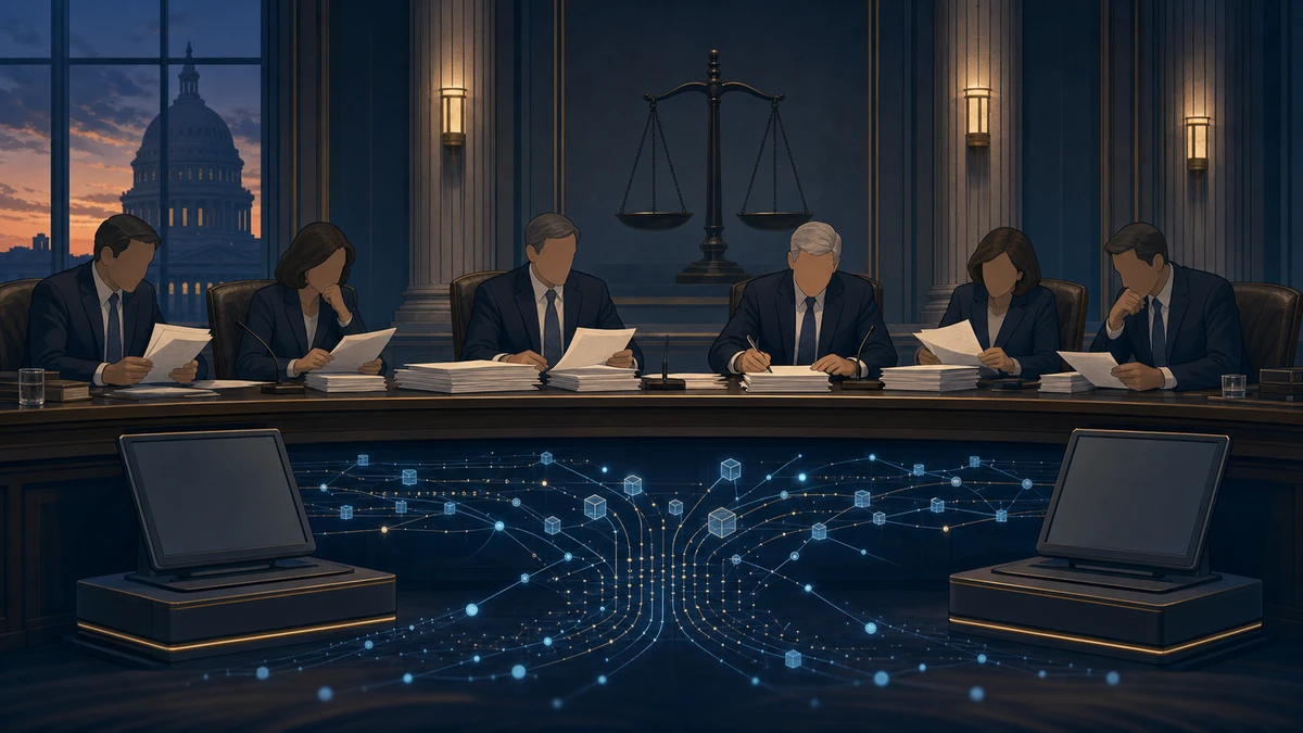 Editorial illustration for Senate Crypto Bill Moves Again With Revised Market Rules