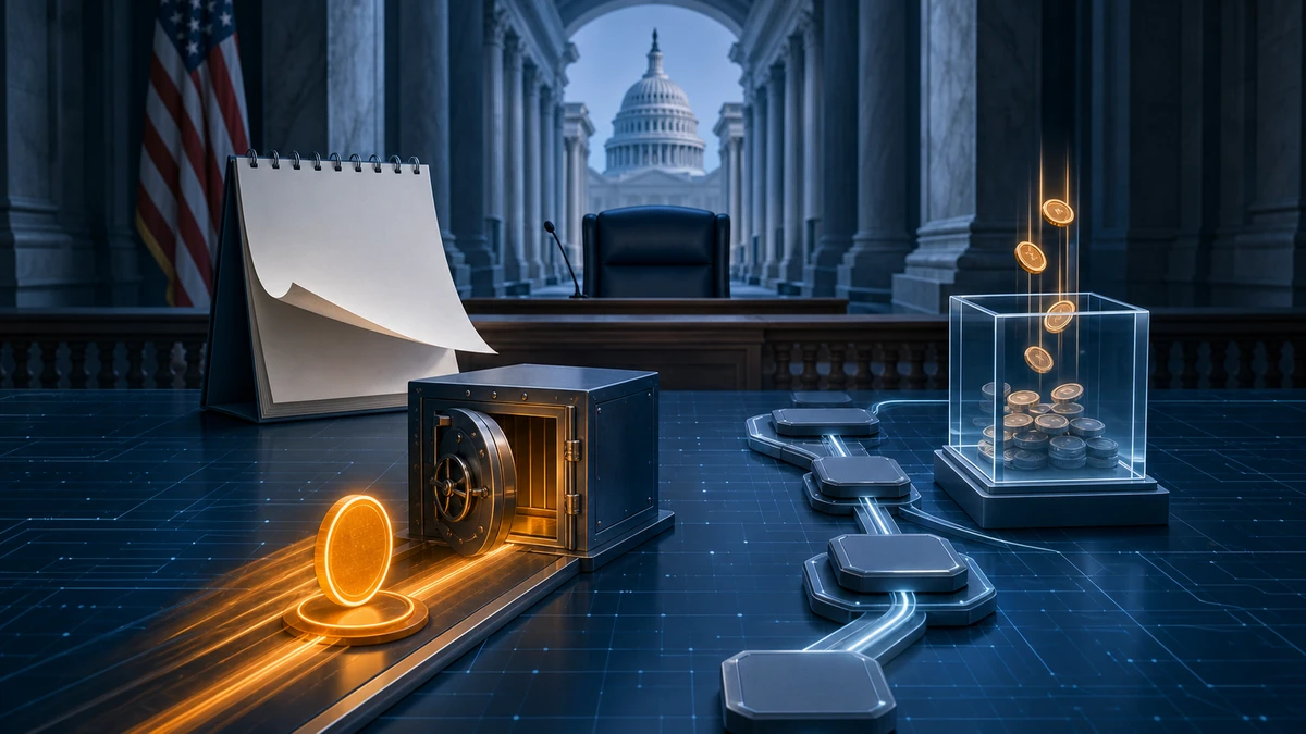 Editorial illustration for Senate Delays CLARITY Vote as ETF Demand Stays Active