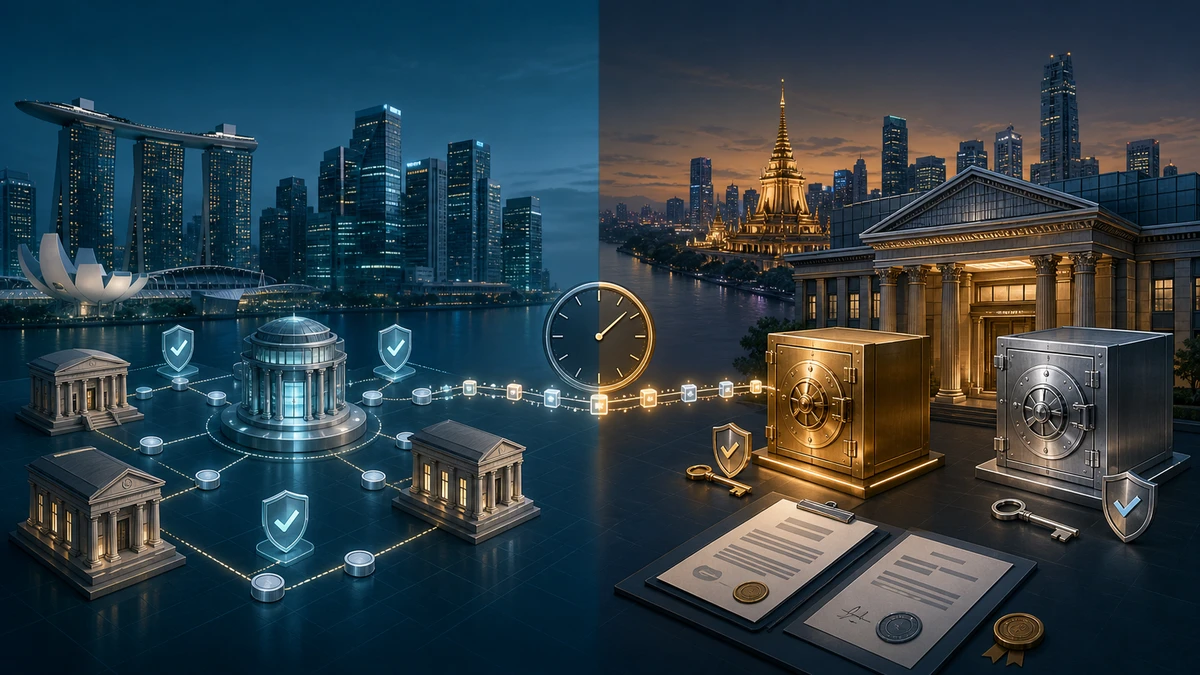 Editorial illustration for Thailand Drafts Crypto ETFs as Visa Tests Stablecoin Settlement