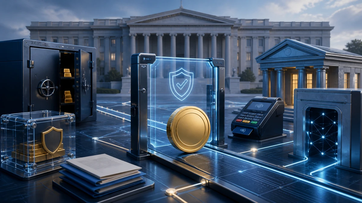 Editorial illustration for Treasury Moves GENIUS Act Stablecoin Rules Toward Reality