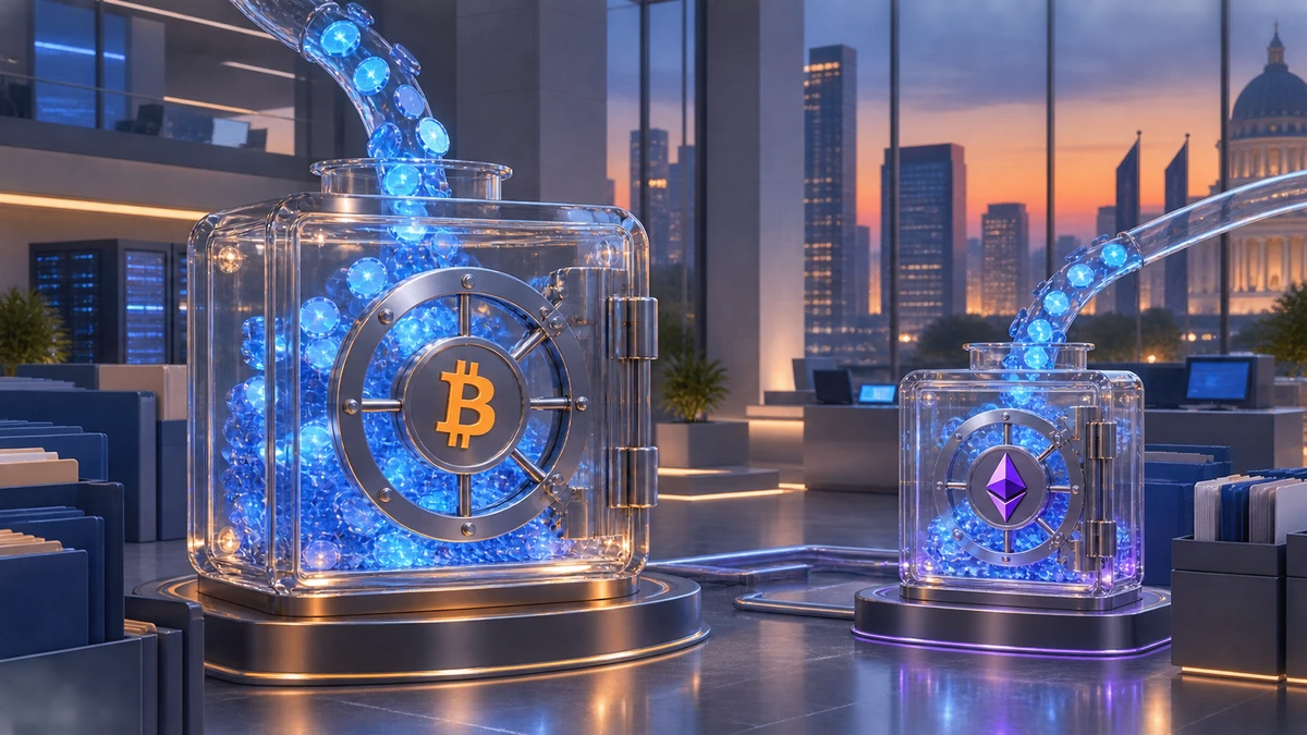 Editorial illustration for Bitcoin and Ether ETFs Pull In $872 Million in One Day